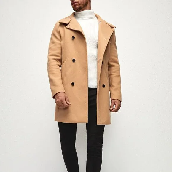 Khaki Preppy Mens Double Breasted Slant Pocket Overcoat - Picture 1 of 5